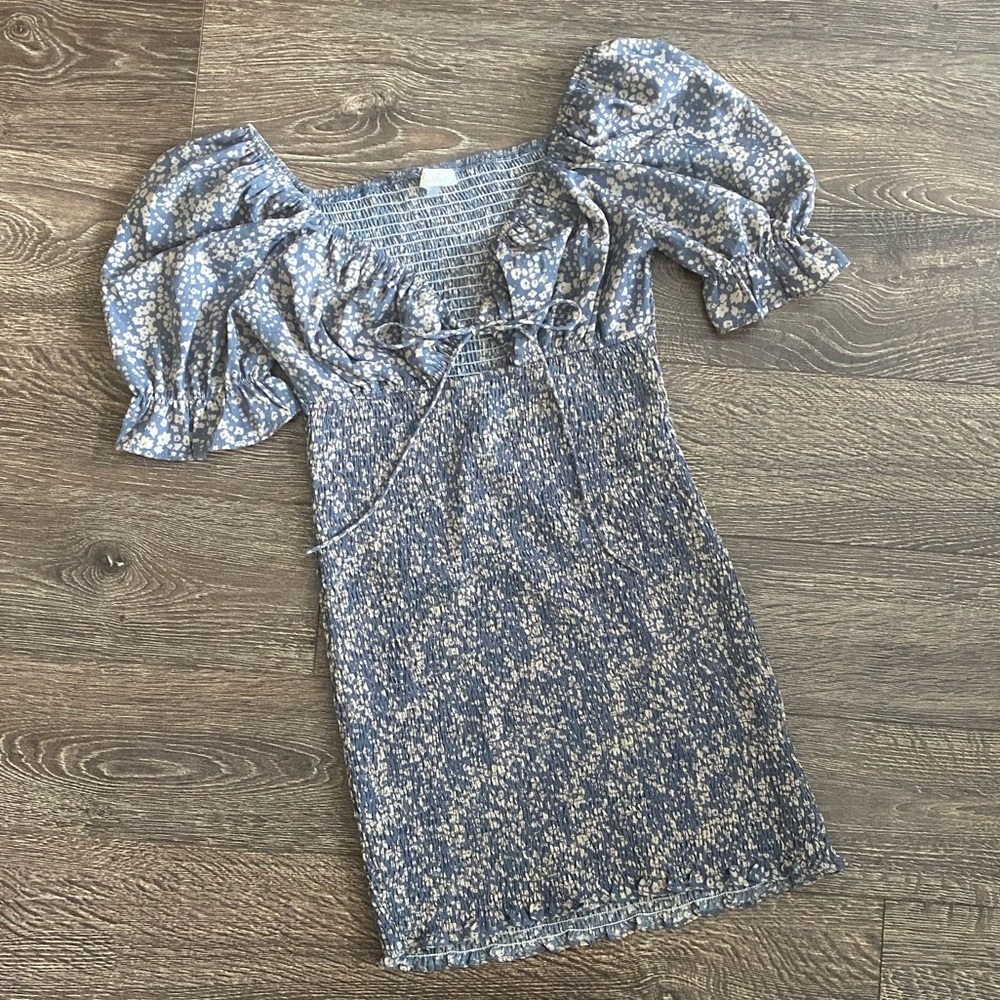 Boho Floral Puff Sleeves Ruched Mini Dress Size S